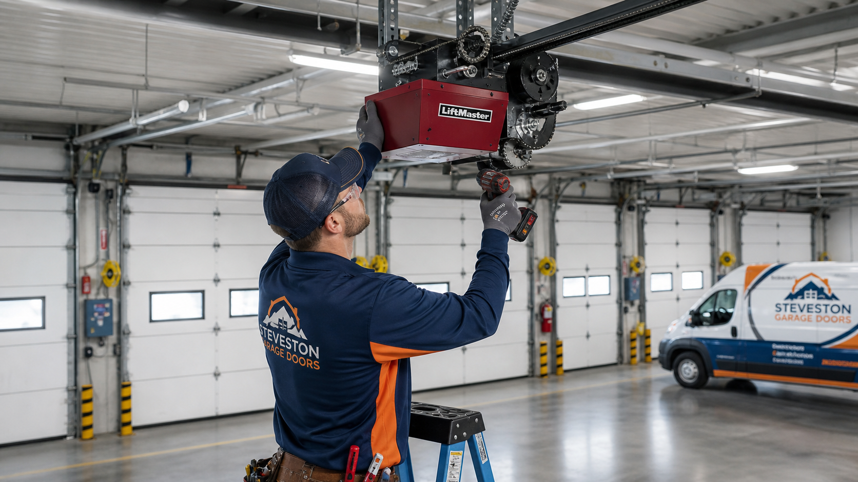 Technician installing a commercial LiftMaster opener in Richmond